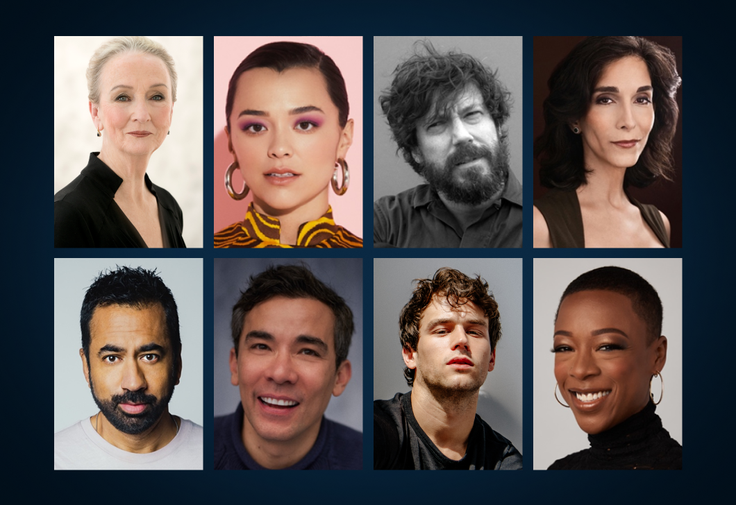 Headshots of Kathleen Chalfant, Midori Francis, John Gallagher Jr., Pooya Mohseni, Kal Penn, Conrad Ricamora, Brandon Flynn, and Samira Wiley on a dark background.