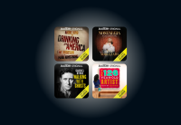 Four book covers of the June 2023 Audible Theater slate are in a grid, with a white glow behind them.