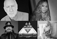 Black and white photos of Pete Towshend, Mariah Carey, Carlos Santana, Tenacious D, and Aimee Mann are tiled side by side.