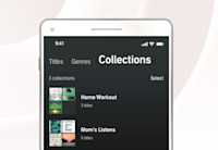 A close up view of the Audible app on a smart phone showing a user's audiobook titles filed into collections with the names "home workout" and "mom's listens."