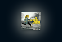 The artwork for Todd Almond’s "I’m Almost There" against a dark background. The art for "I’m Almost There" features Almond running through a city park in winter while holding an umbrella. A yellow outline of a sword is in his other hand. A similar outline of a small pair of wings is on his front foot.