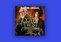 The cover art for "Oliver Twist" is on a bright blue background. The cover image includes Brian Cox dressed as the character Fagin in a green jacket, and Emilio Villa-Muhamm holding a metal bowl and dressed as Oliver Twist.