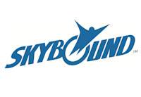 The word skybound is written in blue against a white background. A blue sky diving figure is launching out of the O.