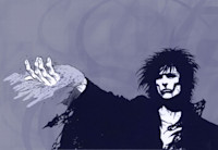 Set in front a dark grey background stands Morpheus, Lord of the Dreaming, is reaching out his hand as a black robe drapes from his arms.