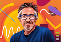 An illustration of Audible's Founder and Executive Chairman Don Katz by Scott Everett for NPR's "How I Built This" podcast. Don is wearing a blue shirt and blue framed glasses, looking directly forward. The background is orange with colorful shapes like yellow circles and swirls, blue lines, white swiggles, and purple and mauve ovals.