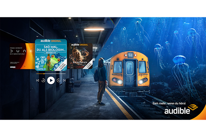 a person standing at a train station with a sea of jelly fishes swimming in the horizon and fantasy book covers displayed
