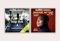Set on a cream background is the cover art for two of the Audible Theater productions, "hop ThA A" and "Mugabe, My Dad and Me". "hop ThA A" features a shadowy man at the top of a subway staircase and "Mugabe, My Dad and Me" features the playwright, in front of a red background, looking to the side, wearing a black turtleneck.