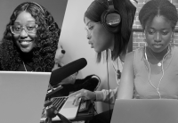 Three Audible high school interns are shown in a side-by-side montage, each working on creating and recording their podcasts. The intern on the left has her laptop open in front of her, and her headphones on while she smiles directly to camera. The middle intern is show from the side, at her desk, headphones on, leaning toward and speaking into a big microphone. The third intern is working intently, headphones in as she edits away on her laptop.