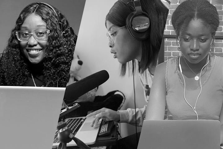 Three Audible high school interns are shown in a side-by-side montage, each working on creating and recording their podcasts. The intern on the left has her laptop open in front of her, and her headphones on while she smiles directly to camera. The middle intern is show from the side, at her desk, headphones on, leaning toward and speaking into a big microphone. The third intern is working intently, headphones in as she edits away on her laptop.