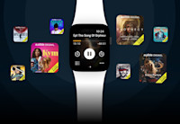 The interface of the Audible app on an Apple Watch is displayed on a blue background with covers of Audible Originals floating around it.