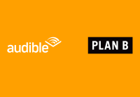 The logos for Audible and Plan B Entertainment are side by side on an orange background.