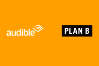 The logos for Audible and Plan B Entertainment are side by side on an orange background.