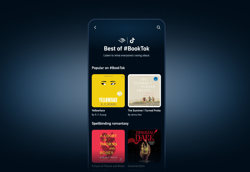 A demo image showing titles in Audible's app under a page for the "Best of #BookTok."