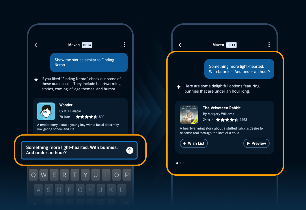 A demo image of two phone screens showing Audible's Maven feature in action, with multiple related questions.