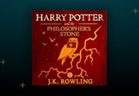 The cover of the first Harry Potter audiobook, "Harry Potter and the Philosopher's Stone," sits on top of a black background littered with stars. The cover is crimson red and has owl clutching a letter in its mouth. The owl's talons are holding onto a branch that looks like a lightning bolt.