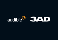 The Audible and 3AD logs are side by side on a dark blue background.