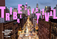 New York City skyline at night with the words "Tribeca Festival" in pink