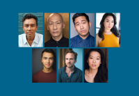 Headshots for the cast of Good Enemy by Yilong Liu are arranged on a grid. The headshots are for actors Ron Domingo, Francis Jue, Tom Liu, Geena Quintos, Alec Sliver, Ryan Spahn, and Jeena Yi.