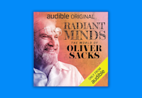 The cover of Radiant Minds: The World of Oliver Sacks is centered on a bright blue background. On the cover, there is a photo of Dr Sacks is in profile, smiling, with his glasses reasting on his head.