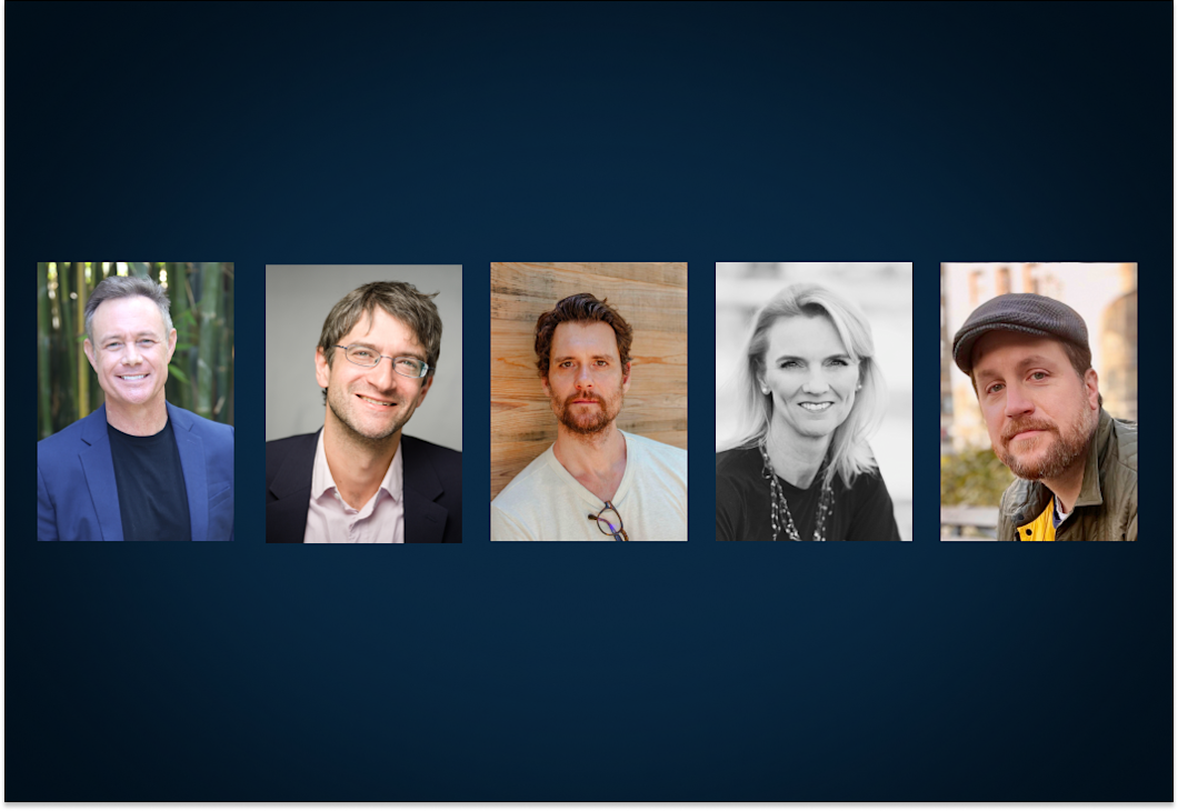 Headshots of Paul Holes, Leon Neyfakh, Mitch Moxley, Laura Beil, and Dan Taberski.