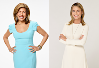 Photos of journalists Hoda Kotb and Savannah Guthrie are side by side. Hoda Kotb is smiling a the camera with her hands on her hips, wearing a light blue dress. Savanna Guthrie is smiling at the camera with her ams crossed, wearing a white dress.