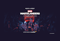 The cover art for the Japanese edition of Marvel and Audible's "Marvel's Wastelanders" shows a few super heroes sitting around a garbage can fire in a cave with a red clouded world glimpsed out of the cave's opening in the background.