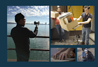 A collage of images against a blue background shows 1) Audible sound design Alex Trajano holding a two-sided Dolby microphone while standing by the Thames river wearing a warm hat and parka; 2) sound designer Darren Vermaas in the Audible studio with a colleague as they knock over piled up boxes, metal pot lids and plastic bottles to record sound effects; 3) a Foley artist's hands on two clay balls he's using to create the sound of horses' hooves; and 4) Darren crouching in a dog shelter wearing earphones over a warm cap and a hoodie while holding a recording device with wound up cord.