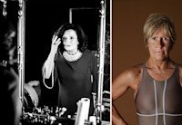 Margaret Trudeau, wearing a black dress with a white collar, examines her reflection in a mirror. In a side by side photo, Diana Nyad stands in a bathing suit staring directly at the camera with her hands on her hips.
