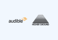 The Audible and Higher Ground logos are in black, side by side, on a light blue background. 