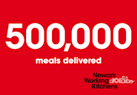 Against a red background, white text calls out 500,000 meals delivered below the Newark Working Kitchens logo.