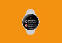 a smart watch with a screen on it showcasing Audible logo and titles