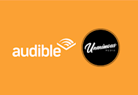 Set against a orange background, the Audible logo sits next to the Unanimous logo.