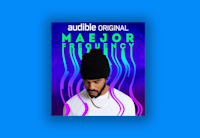 The book cover, featuring Maejor looking down and frequency waves around him, is placed on a blue background.