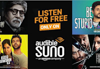 A banner image featuring new titles arriving in India through Audible, including Kaali Awaazein, Be Stupid, Kissa Khwabon Ka, and Thriller Factory. In the middle of these four titles is audible branding. "Listen for Free only on Auidible Suno."