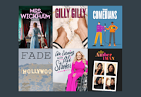 Six theater posters are arranged in a grid. The posters are for Mrs. Wickham, Gilly Gilly, The Comedians, Fade, An Evening with Ali Stroker, and An Evening with Amber Iman.