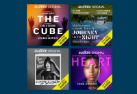 Four covers of Audible Original Theater titles are on a blue background. On the top left, The Cube has a silhouette of a person against a pink and orange light. On the top right, Long Day's Journey Into Night has an upside down image of a house and a green field. On the bottom left, You Are Here has a black and white photo of Solea Pfeiffer. On the bottom right, Jade Anouka is photographed against bright pink and purple for HEART. 