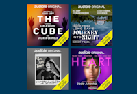 Four covers of Audible Original Theater titles are on a blue background. On the top left, The Cube has a silhouette of a person against a pink and orange light. On the top right, Long Day's Journey Into Night has an upside down image of a house and a green field. On the bottom left, You Are Here has a black and white photo of Solea Pfeiffer. On the bottom right, Jade Anouka is photographed against bright pink and purple for HEART.