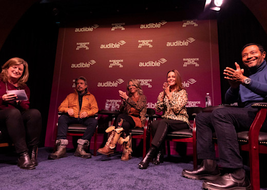 M & S: L.A. Times Deputy Editor Alison Brower with filmmaker Alison Ellwood, musician Belinda Carlisle, Academy Award–winning composer Elliot Goldenthal and writer-director Eugene Ashe at the “Music & Storytelling” panel.