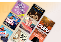 Several audiobook covers appear on an angle against a beige background with the words Audible Plus written across them.