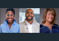 Three headshots of Audible employees Ara Tucker, Brian Quinn and Anne Eni sit side by side against a black frame. They are all looking straight to camera and smiling.
