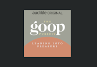 The cover for "The goop Pursuit: Leaning Into Pleasure" is in all white type on a grey and peach colored background.