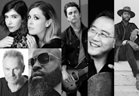 Musicians are set in a collage in black and white. Photo credits: Top left – Sleater-Kinney by Nikko LaMere; Bottom left – Sting by Mayumi Nashida; Tariq Trotter by Joshua Woods; Left to right – Billie Joe Armstrong by Greg Schneider; Yo-Yo Ma by Jason Bell; Gary Clark Jr. by Frank Maddocks.