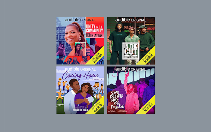 The ASIN covers for four new Audible titles are in a grid on a grey background. The titles are: Unity in teh Community by Queen Latifah; In the Cut with Ghetto Gastro; Coming Home by Kennedy Ryan; and Some People Have Real Problems by Brit Bennett.