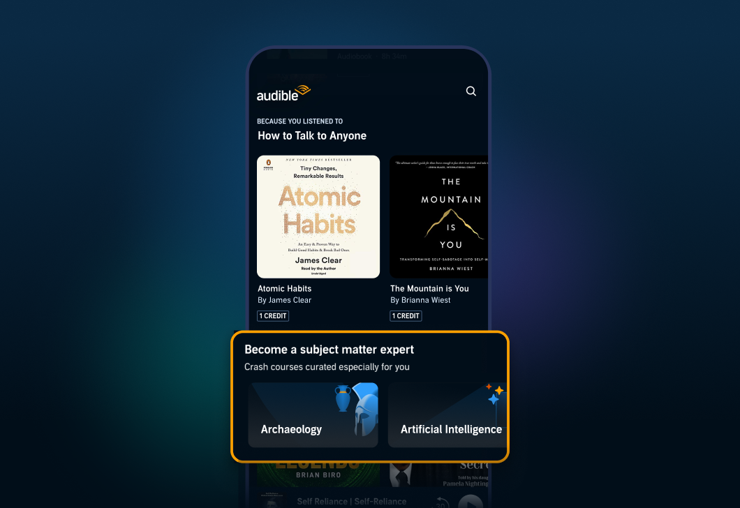 An image of the Audible app, showing collections of recommended listens about archaeology and artificial intelligence.