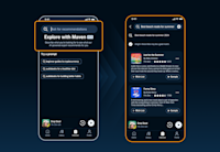 Two sample images of a phone searching Audible using Maven. The image on the left highlights the text "Explore with Maven." The image on the right shows Maven's results for searching the "Best beach reads for summer 2024."