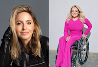 Photos of Gabby Bernstein in a black leather coat and Ali Stroker in a hot pink dress.