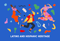 Against a blue background, three people are illustrated in joyful movement--arms up or pointing, legs raised, as if dancing or jumping.  Around them are brightly colored design elements like squiggles, circles, and loops. At the bottom, white text reads, Latino and Hispanic Heritage.