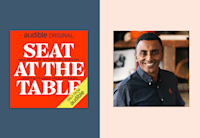 The cover for "Seat at the Table" which is red and white is on a blue background, next to a headshot of Chef Marcus Samuelsson.