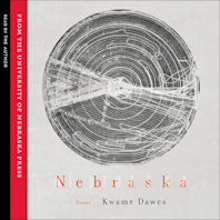 The cover art for Kwame Dawes' poetry collection, "Nebraska," includes a round grey disc with grooves in it that is covered by what appears to be white twine or cobwebs.