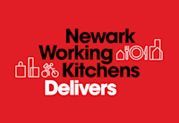 Set against a red background, "Newark Working Kitchens" is staggered in black text and "Delivers" is below in white. Other illustrations of bags, biker, plates, utensils and buildings are surrounding it.
